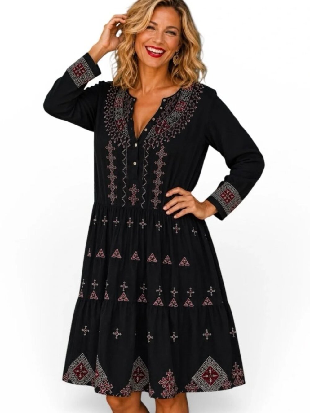 Johnny Was Dress Medium Black Embroidered Silk Cotton Blend Long Sleeve BOHO